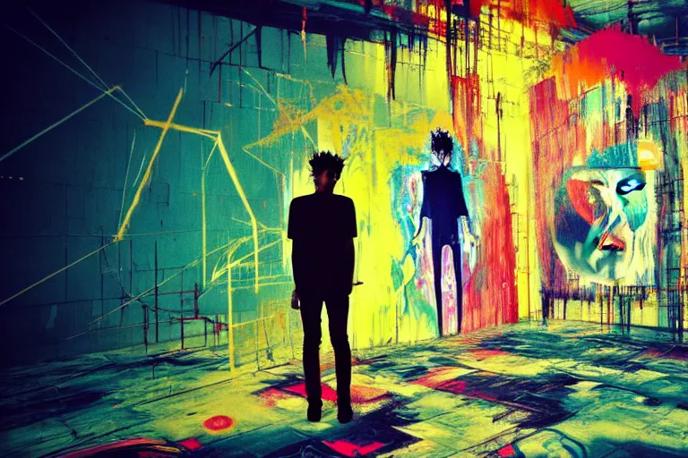 Image similar to fantasy punk elf, multilayer glitch effect in spatial perceptron synapses, matte painting, 4 k, epic composition, volumetric light, abstract illusionism, by robert rauschenberg, edvard munch, jean - michel basquiat, pour paint, modern street art, grunge wall