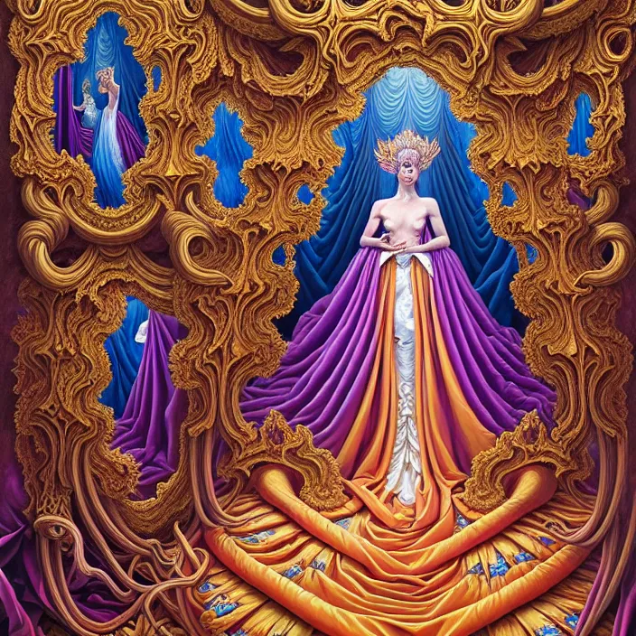 Image similar to beautiful oil painting, full length portrait of dauphinois in baroque coronation robes 1701, Dan Mumford, Dan Mumford, Alex grey, hyacinthe rigaurd, highly detailed , lsd visuals, dmt fractal patterns, hallucinogen, visionary art, psychedelic art, ornate, vaporwave, baroque, Greg rutkowski