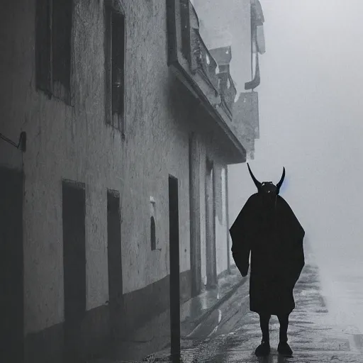 Prompt: A demonic goat man wearing a hood leaning on a wall in a dark alleyway during a rainstorm