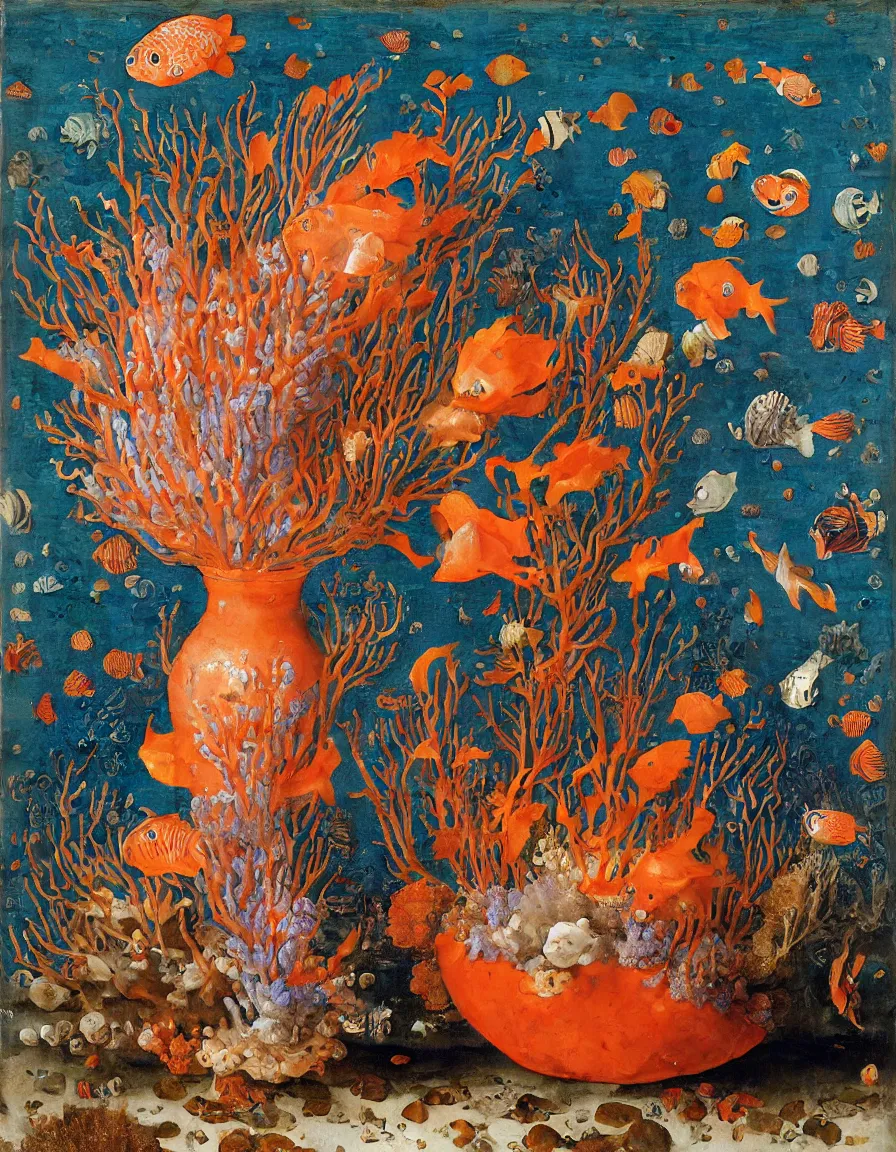 Image similar to bottle vase of coral under the sea decorated with a dense field of stylized scrolls that have opaque outlines enclosing mottled blue washes, with orange shells and purple fishes, ambrosius bosschaert the elder, oil on canvas, around the edges there are no objects