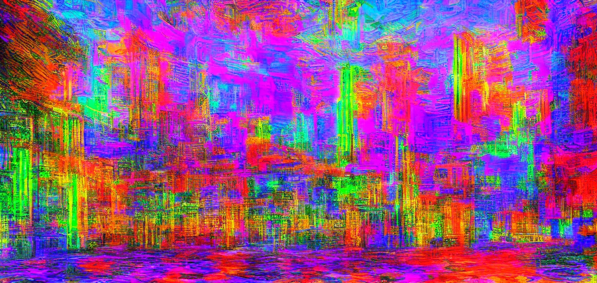 Prompt: a psychedelic city in the style of claude monet, digital art.