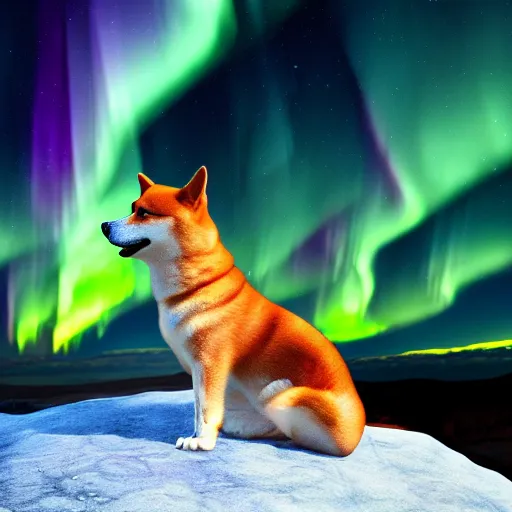 Image similar to shiba inu howling on top of a cliff. colorful northern lights in the background. digital painting, award winning, high detail, photorealistic, high quality, 4 k, cinematic lighting