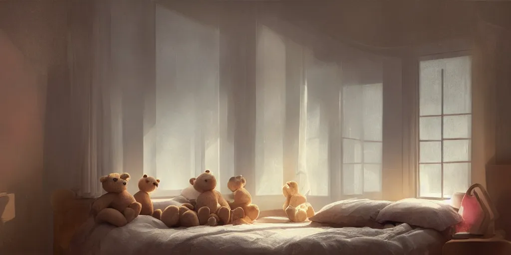 Prompt: a room with a bed, teddy bears and a window, a photorealistic painting by james paick, cgsociety, photorealism, volumetric lighting, matte painting, photorealistic