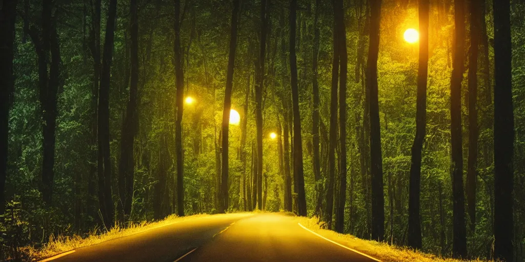 Prompt: night, road between tall trees, dense forest, dark night, moon, in style of disney cartoon