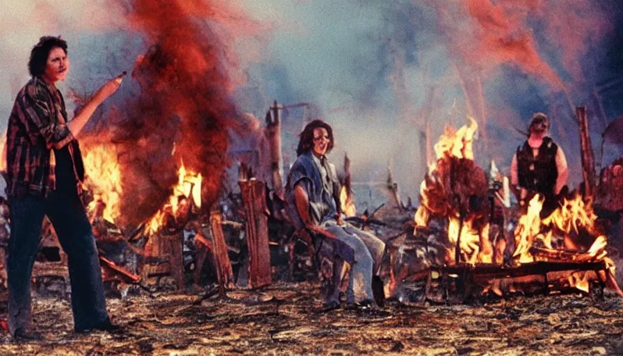 Image similar to Tobe Hooper color movie about a teenager being burnt alive on a bonfire at a carnival