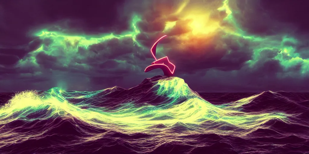 Prompt: led light, abstract, contemporary statue in the middle of a stormy ocean as seen from a vaporwave tropical shore, enigmatic scene, maroon color palette, crashing waves, art direction by beeple, rembrandt lighting, ray - tracing, unreal engine, 4 k, high detail