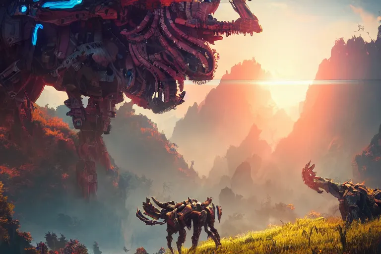 Image similar to watcher machine creature robot of horizon forbidden west horizon zero dawn radiating a glowing aura global illumination ray tracing hdr fanart arstation by ian pesty and alena aenami artworks in 4 k