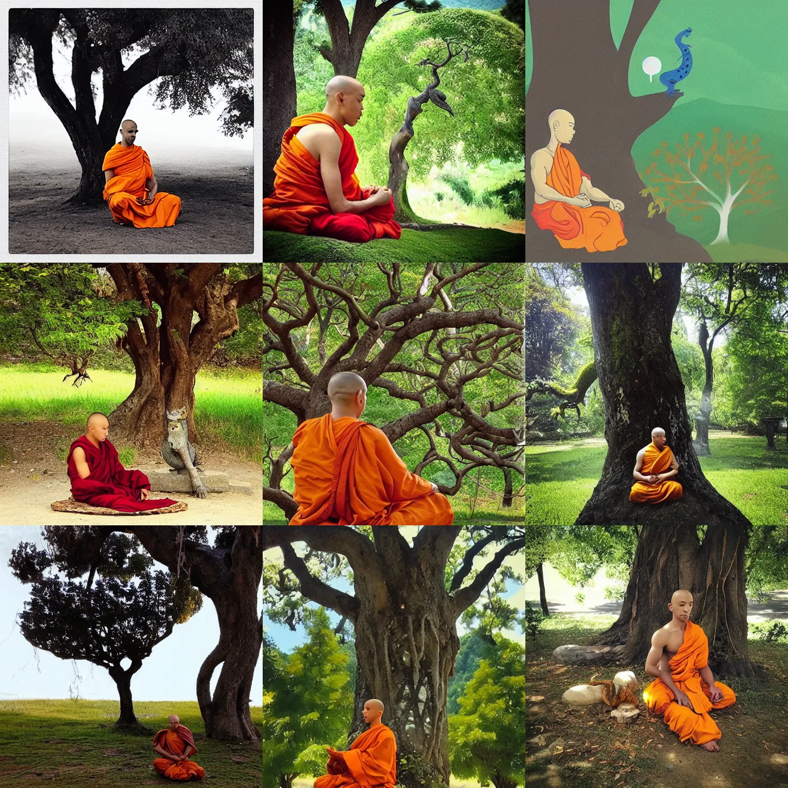 Prompt: “a warrior monk meditating under a tree with a tiny dragon laying next to him”