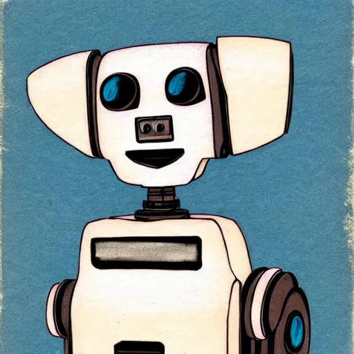 Image similar to a cute robot puppy!!!. ( ( ( alcohol ink on parchment, muted colors, shading, detailed, textured parchment background, 1 9 5 0 s concept art ) ) )