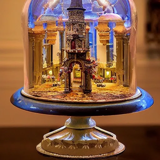 Prompt: an old photo of a miniature tabletop castle under an ornate glass dome, by paulette tavormina and vermeer, hyper realistic, detailed, beautiful bright lighting