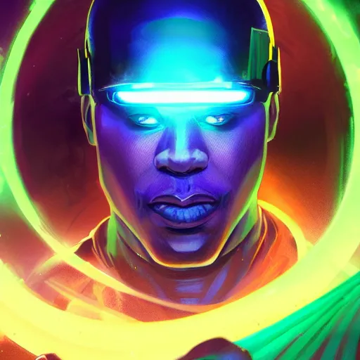 Prompt: a stylized portrait of a powerful black man with green eyes as an angry scientist, stylized, arcane magic, blue and purple vapor, neon color, vivid color, lens flare, volumetric light from below, kang the conqueror, background by justin gerard, hyperdetailed concept art by Ross Tran and Greg Rutkowski, high quality DnD illustration, trending on ArtStationHQ, 8k