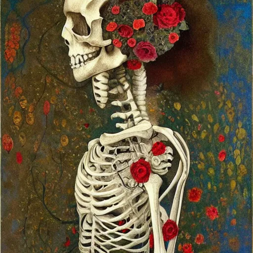 Image similar to 'Life from death' A beautiful detailed aesthetic horror portrait painting depicting 'A skeleton with vines and flowers growing all over it, birds and bees flying all around it' by Odilon Redon, Trending on cgsociety artstation, 8k, masterpiece, cinematic lighting.