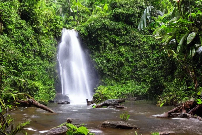 Image similar to colombian jungle and waterfall, mysterious and beautiful