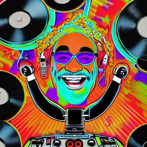 Image similar to svg sticker of a Dancing-Ben-Harper-Snoop-Spike-Lee-with-a-large-Afro-Puff, at a rave, spinning records, giant headphones rocking out, wearing headphones, huge speakers, dancing, rave, DJ, spinning records, digital art, amazing composition, rule-of-thirds, award-winning, trending on artstation, featured on deviantart