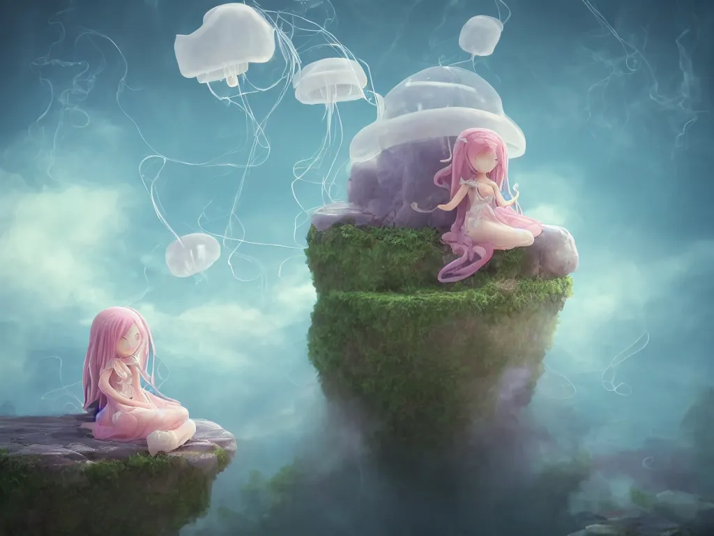 Image similar to cute fumo plush jellyfish girl sitting on a floating island, isometric projection, wisps of smoke and volumetric fog, vignette, vray