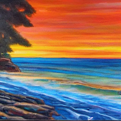 Image similar to sunset over a wooden cabin on the coast, sea, oil painting, very detailed, colorful