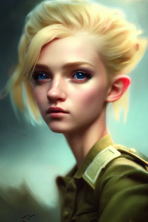 Image similar to cinematic shot of an epic portrait of a cute blonde fairy dressed in military clothes, stylised military clothes, shiny skin, beautiful eyes, beautiful, small details, night setting, realistic poster with volumetric light from craig mallism, artgerm, jeremy lipkin and michael garmash, unreal engine, radiant light, digital art, trends at art station, a masterpiece