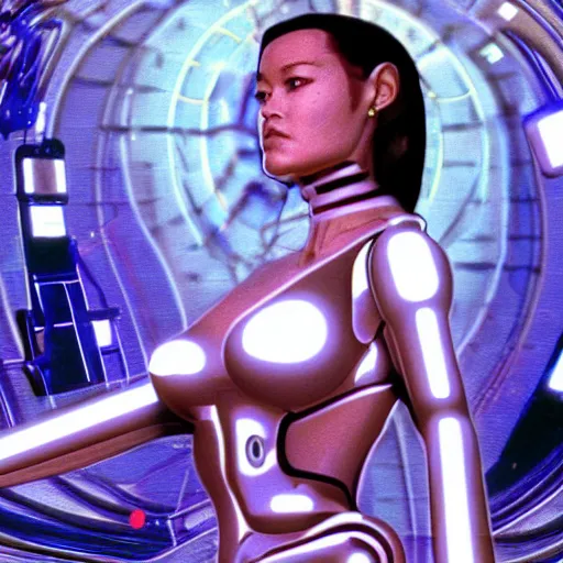 Prompt: a VHS still of a concept art with a photo of Tia Carrere as a solarpunk robotic humanoid, white mechanical parts with led lights, vaporwave artwork composition, Windows98 logo, in the movie Lifeforce (1985) 8k, intricate, pastel colors