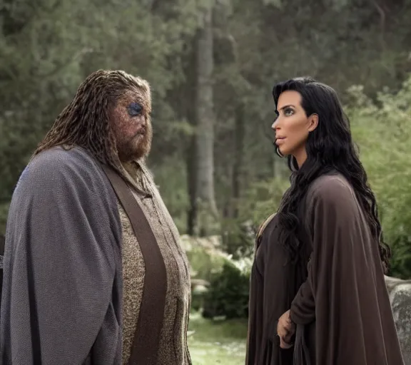 Image similar to a movie still of kim kardashian speaking to hagrid in the movie harry potter