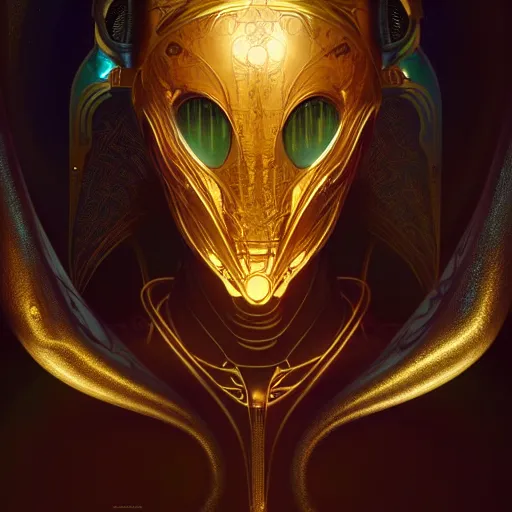 Image similar to hyper advanced repitilian alien ai, sci fi, glowing eyes, volumetric lights, gold theme, art nouveau botanicals, intricate, highly detailed, digital painting, artstation, concept art, smooth, sharp focus, cinematic, illustration, beautiful face, art by artgerm and greg rutkowski and alphonse mucha