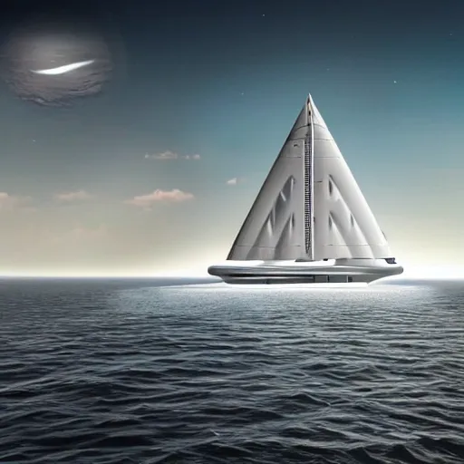 Image similar to futuristic sailship with solar panels mid-journey with robot sailors