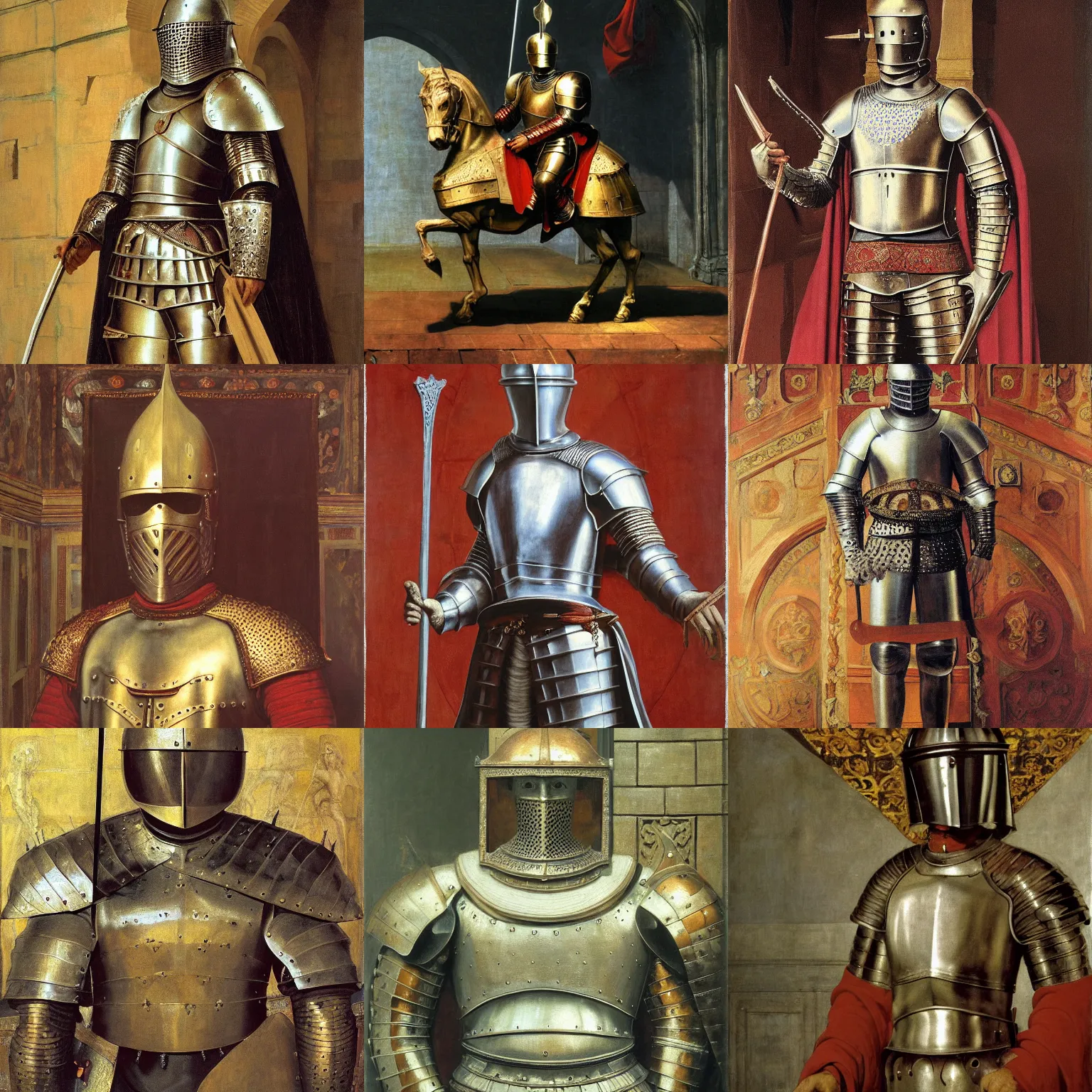 Prompt: Realistic painting of a medieval knight in full armor standing in a throne room in a palace , high-detailed oil painting by Ilya Repin, William Blake, Michelangelo da Caravaggio, Alex Grey and Beksinski, masterpiece, 4k