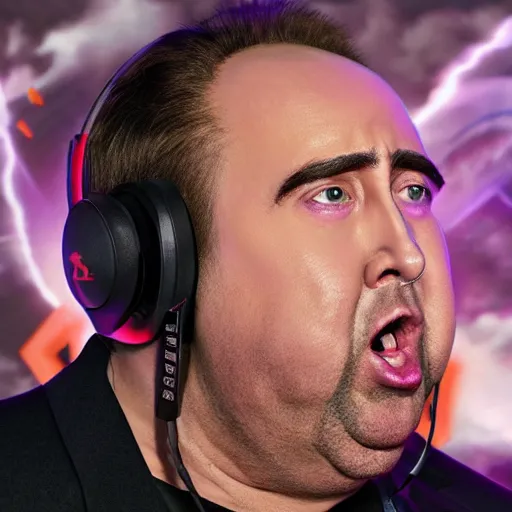 Image similar to obese nicolas cage wearing a headset yelling at his monitor while playing WoW highly detailed wide angle lens 10:9 aspect ration award winning photography