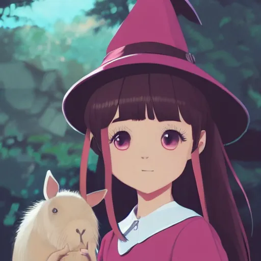 Image similar to full body portrait character concept art, anime key visual of a little witch with her capybara mascot, fine - face, audrey plaza, realistic shaded perfect face, fine details. anime. very strong realistic shaded lighting poster by ilya kuvshinov katsuhiro otomo ghost, magali villeneuve, artgerm, jeremy lipkin and michael garmash and rob rey