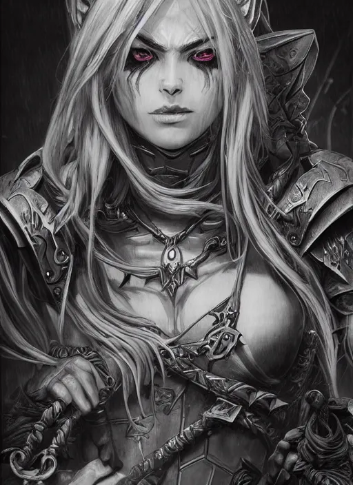 Image similar to close up portrait of sylvanas windrunner magic the gathering card, powerful, domineering, stoic, masterful, intense, ultrafine hyperdetailed illustration by kim jung gi, irakli nadar, intricate linework, sharp focus, octopath traveler, yoji shinkawa, highly rendered, detailed, concept art