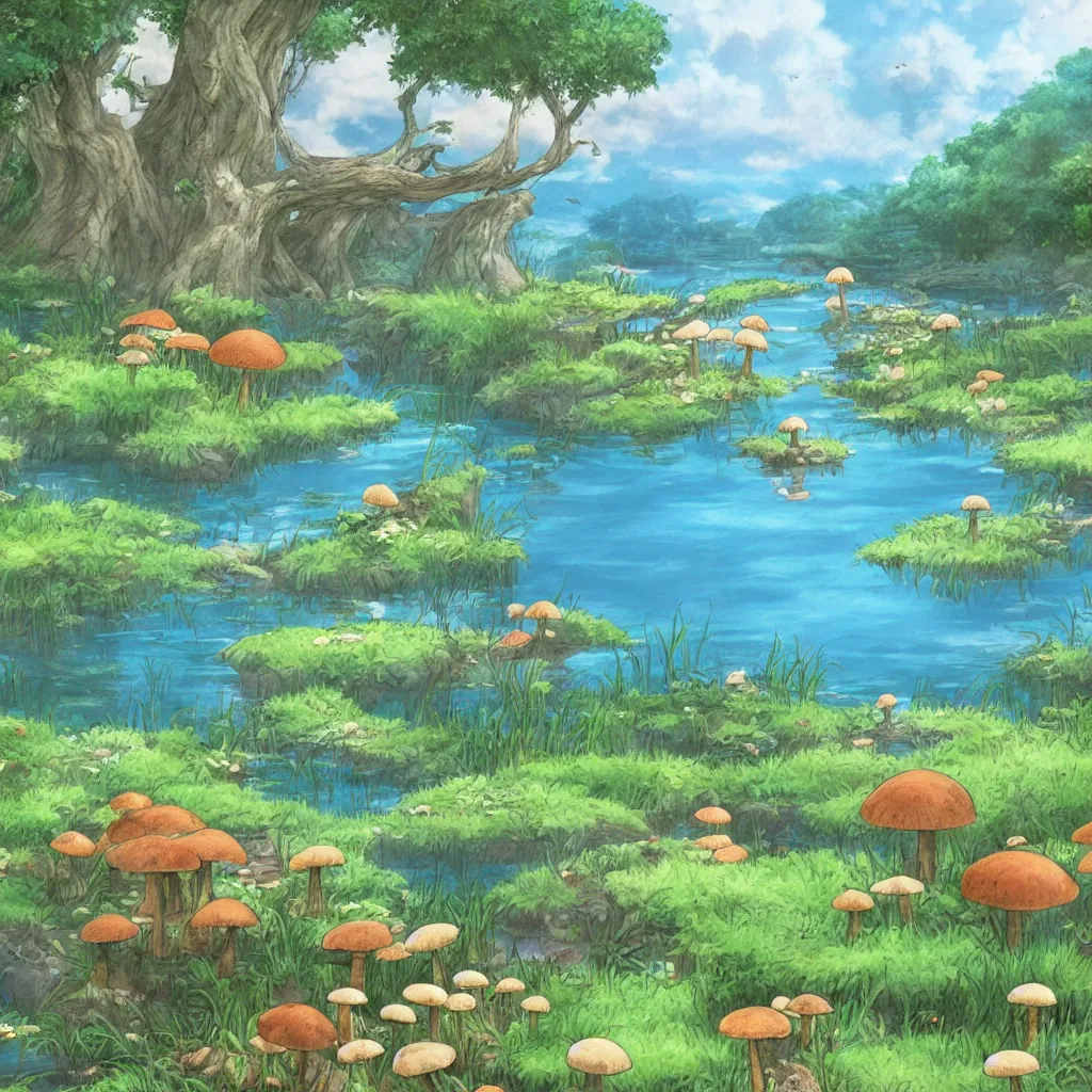 Image similar to a beautiful lake with cute little mushrooms growing around it, fantasy art, 2 d game art, by studio ghibli