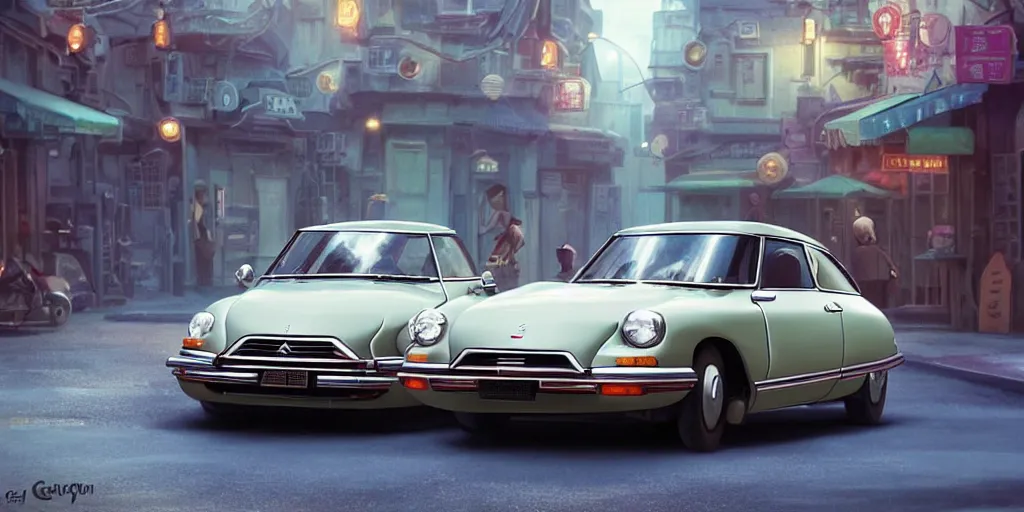 Image similar to a wholesome animation key shot of a focused 1974 citroen ds in the street, medium shot, studio Ghibli, Pixar and Disney animation, sharp, very detailed, high resolution, Rendered in Unreal Engine 5, anime key art by Greg Rutkowski, Bloom, dramatic lighting