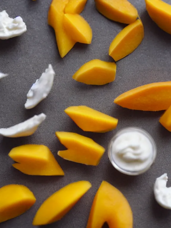 Image similar to miniature diorama of yogurt mango pieces macro