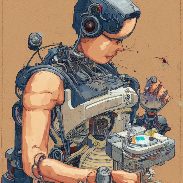 Image similar to robot artist painting a self - portrait on a canvas. intricate, highly detailed, digital matte painting, in the style of alexandros pyromallis, and in the style of sachin teng, and in the style of hans thoma, and in the style of masamune shirow. irony, recursion, inspiration.