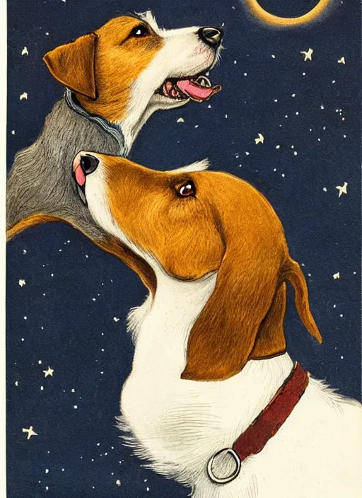 Image similar to portrait of jack russel dog looking up and howling with mouth open sad, night sky, highly detailed, side view, illustrated by peggy fortnum and beatrix potter and sir john tenniel