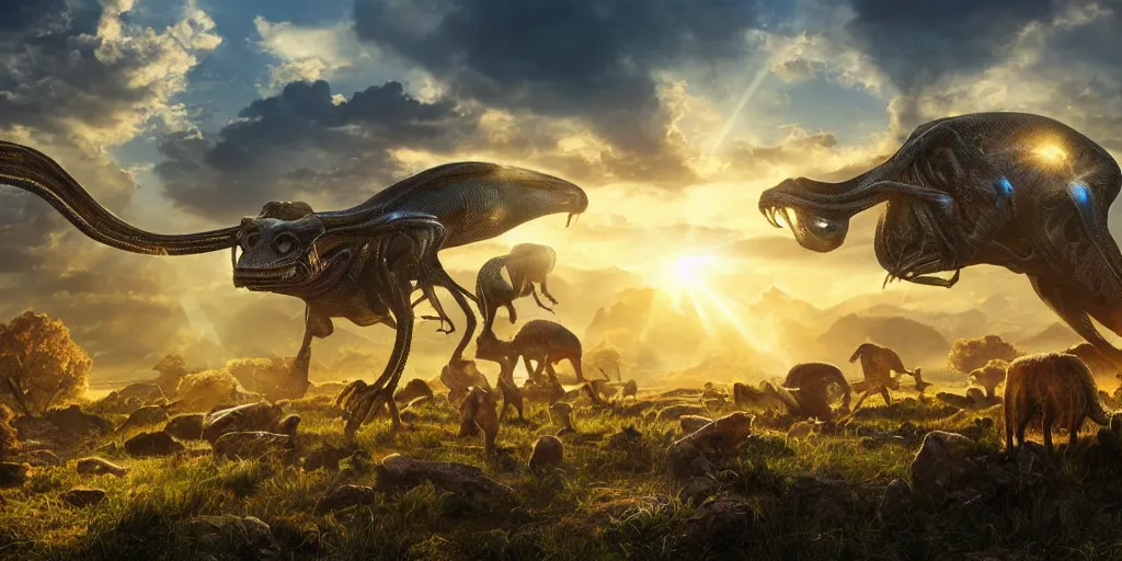 Prompt: landscape image with various different alien animals, extremely detailed digital matte painting, golden hour, vibrant, sunbeams, stunning lighting