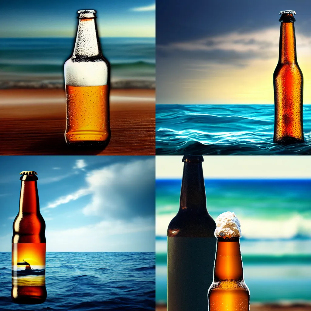 Prompt: Sea filled with beer, lone ship in the shape of beer bottle, seascape, beer sea horizon, concept art