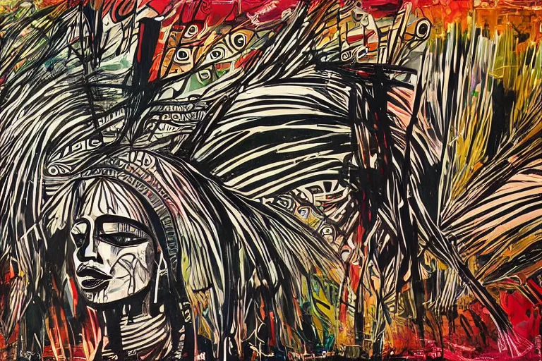 Prompt: abstract background for the winter. tribal dance theme. modern design, painting for a wall, afrikan post - apocalyptic art deco print. ink brush strokes, brushes, lines, woman silhouette, grungy. dirty artistic elements. acrylic art, in the style of danny mcbride and / or knyazev konstantin