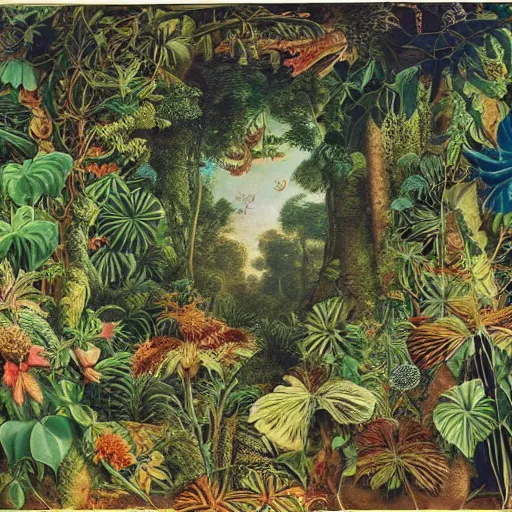 Image similar to jungle scene, leaves, vines, flowers, intricate details, volumetric lighting, vivid colors, panorama, Artwork by Ernst Haeckel + Maria Sibylla Merian