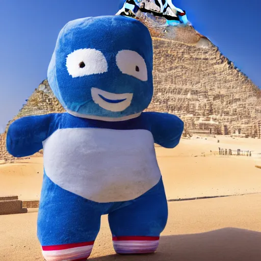 Image similar to blue'snappy gifts'human - sized plush doll, at the pyramids in egypt, holding gift, happy atmosphere, high detail, soft lighting, 8 k