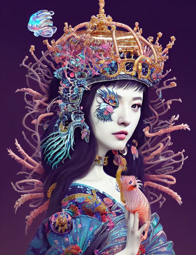 Image similar to 3 d goddess close - up profile portrait with crown, ram skull. beautiful intricately detailed punk japanese crow kitsune mask and clasical japanese kimono. betta fish, jellyfish phoenix, bio - luminescent, plasma, ice, water, wind, creature, artwork by tooth wu and wlop and beeple and greg rutkowski