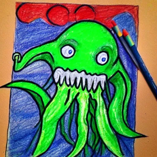 Prompt: crayon drawing of cthulhu drawn by a toddler