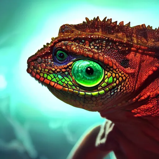 Image similar to close up portrait of a young chameleon lizard as a wizard, pixar style, stylized face, intricate detail, digital painting, glowing orange eyes, neon colors, particles floating, background by wlop, artwork by ross tran and ramond swanland and liam wong and mike winklemann, trending on artstation