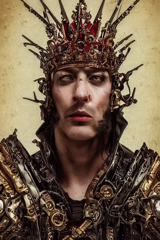 Prompt: epic, portrait, headshot, digital painting, of a 1 7 th century, decadent, cyborg king!, metal - faced, techno - melded with is throne!, dark hair, piercings, amber jewels, baroque!, ornate dark red opulent clothing, scifi, futuristic, realistic, hyperdetailed, concept art, rule of thirds, mannerism