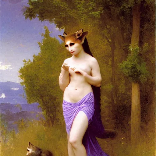 Image similar to An anthropomorphic fox maiden in a purple dress, cottagecore, by bouguereau