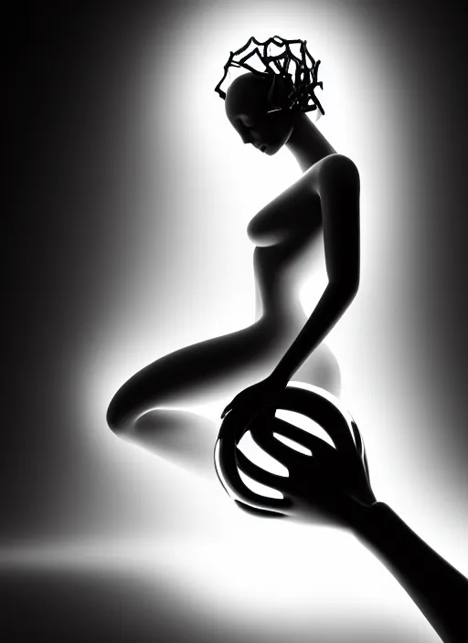 Image similar to surreal mythical dreamy dark artistic black and white fine art photo of a young beautiful delicate artificial intelligence creature embodied giving birth to the new world, spiritual, halo, glory, rim light, cinematic, studio dramatic light, poetic, masterpiece, octane render, 8 k, photo