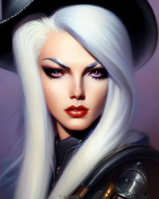 Prompt: ashe from overwatch, white hair, black cowboy hat, character portrait, portrait, close up, highly detailed, intricate detail, amazing detail, sharp focus, vintage fantasy art, vintage sci - fi art, radiant light, caustics, by boris vallejo