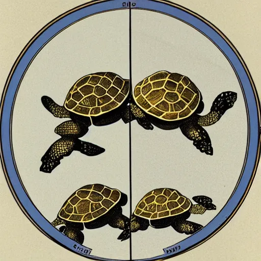 Image similar to a stack of turtles beneath a round disc map, turtle s