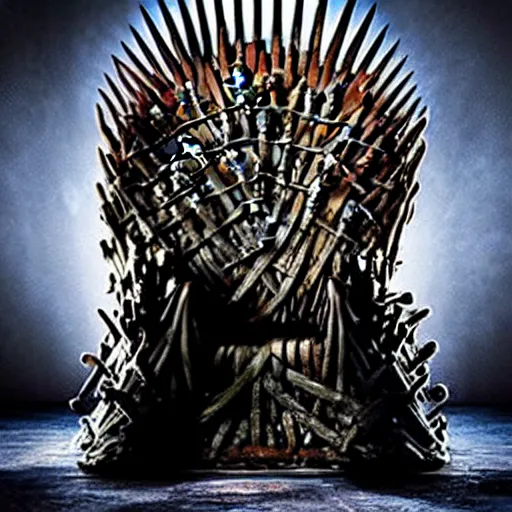 Prompt: “Very hyperrealistic studio photo of Walter White sitting on the Iron Throne from Game of Thrones, award-winning details”