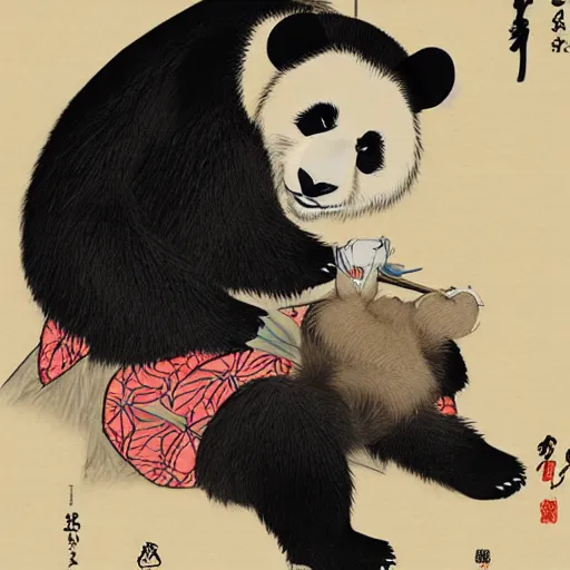 Image similar to a panda and bear, shunga style, ukiyo - e art, artstation