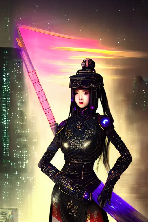 Image similar to portrait futuristic wuxia armor heroine Girl with thunder and fire sparkles and starlight, sword dance in future cyberpunk beijing night rooftop , ssci-fi, fantasy, intricate, very very beautiful, elegant, human structure, neon light, highly detailed, digital painting, artstation, concept art, smooth, sharp focus, illustration, art by tian zi and WLOP and alphonse mucha